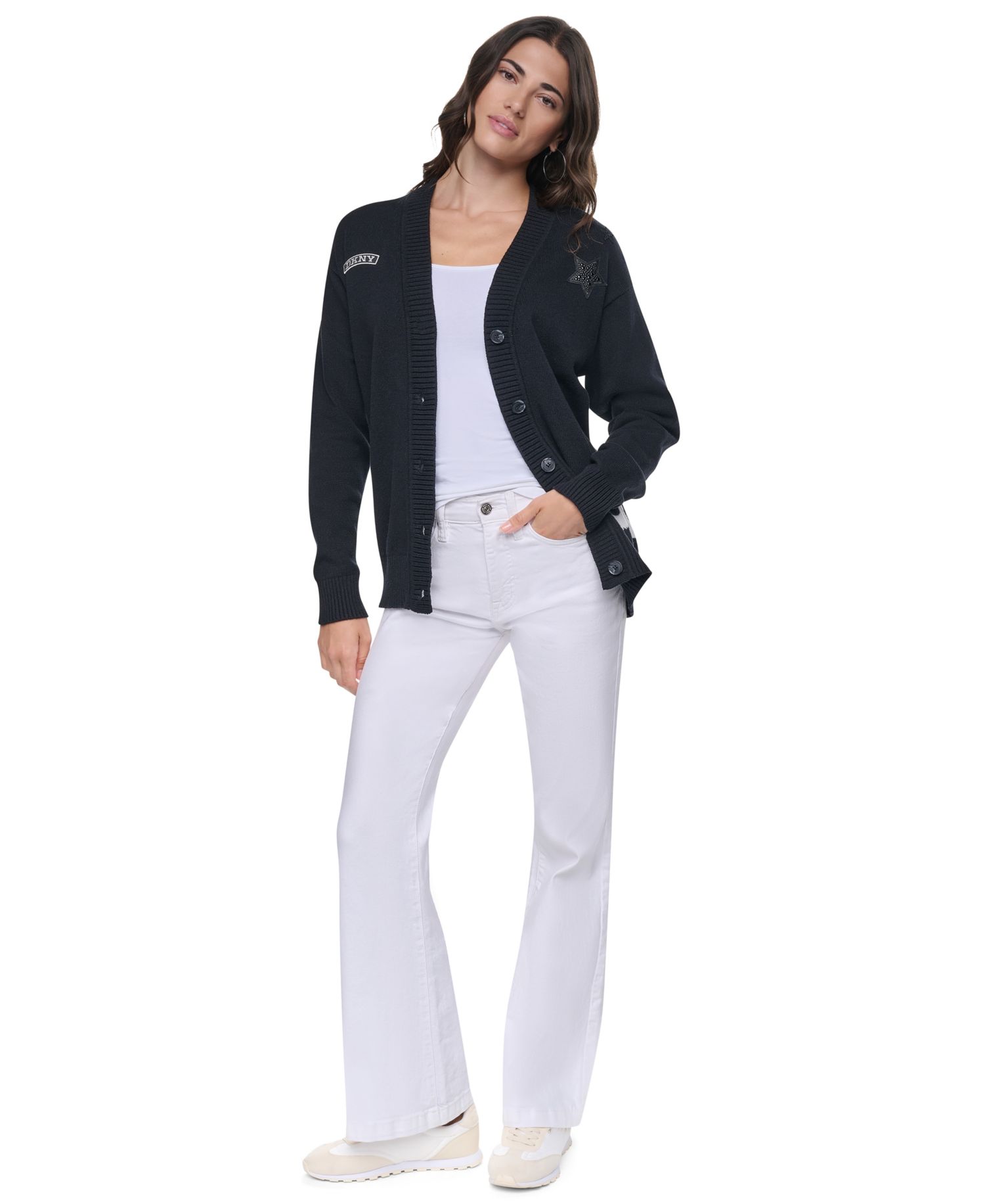 Women's Pins & Patches V-Neck Long-Sleeve Cardigan Sweater