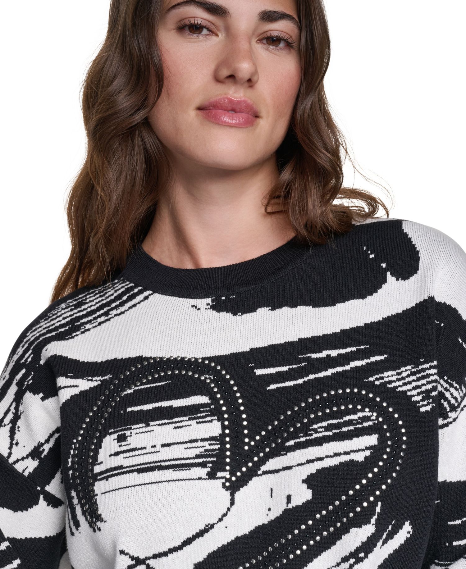 Women's Studded Heart Brush Stroke Crewneck Long-Sleeve Sweater