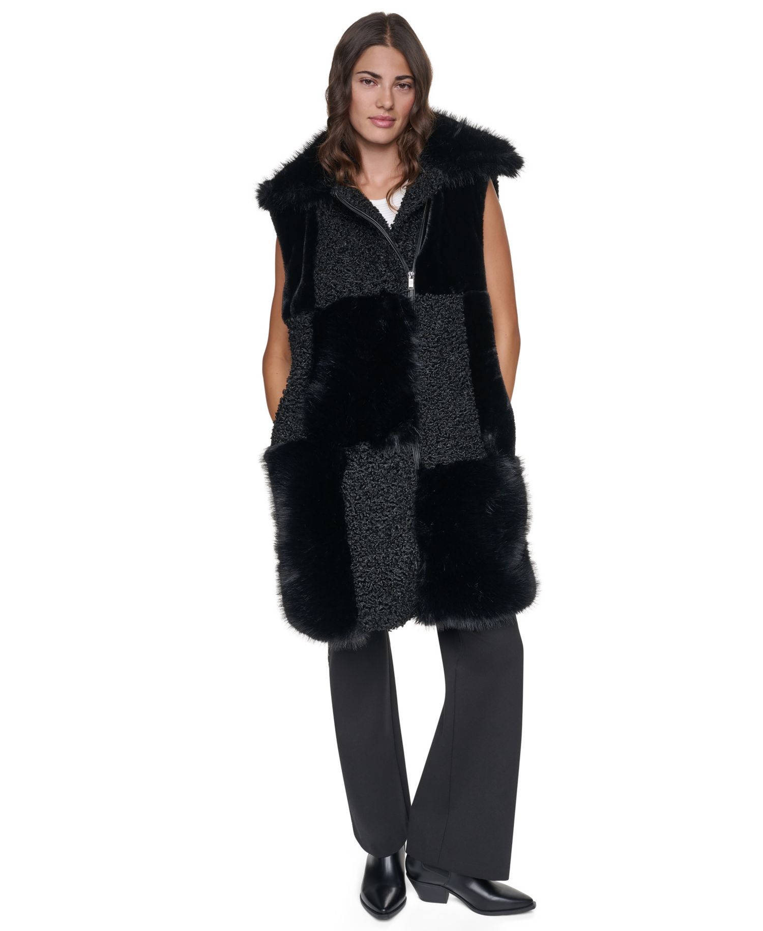 Women's Patch-Mix Mid-Length Collared Faux Fur Vest