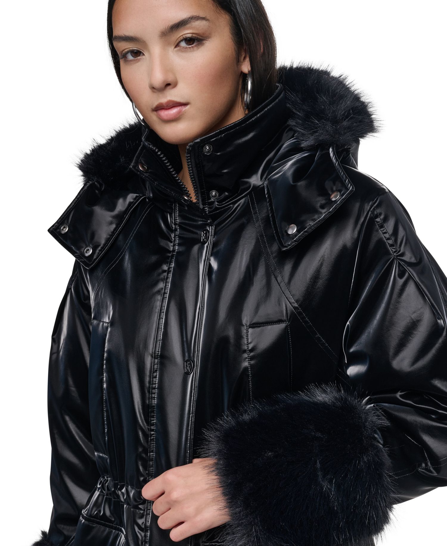 Women's Hooded Knee-Length Faux Fur Cuff Nylon Velvet Coat