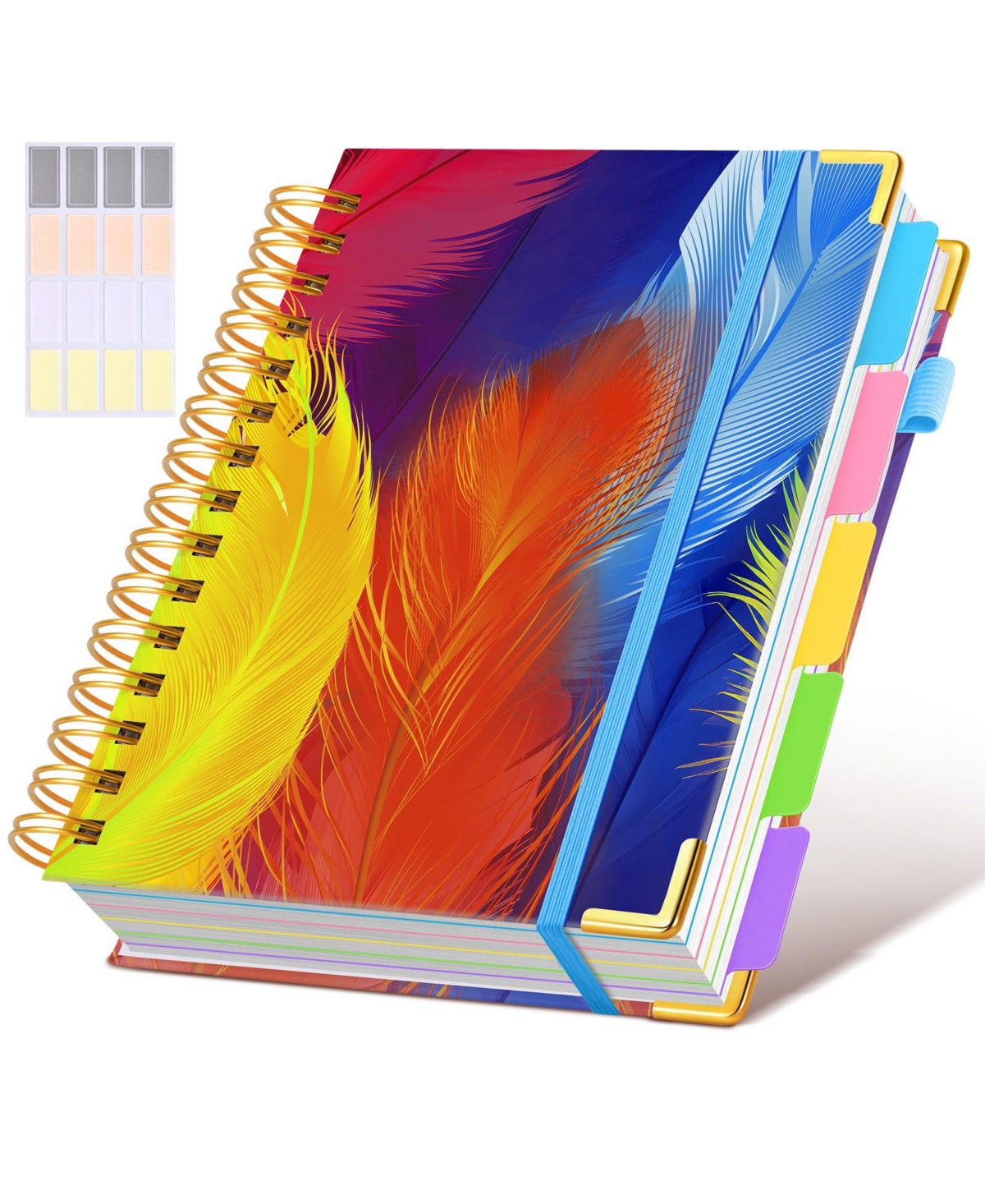 Danrong Spiral Notebook 5 Subject College Ruled 300 Pages With Dividers Tabs For Work School - Colorful feather 6.2"x8.2"