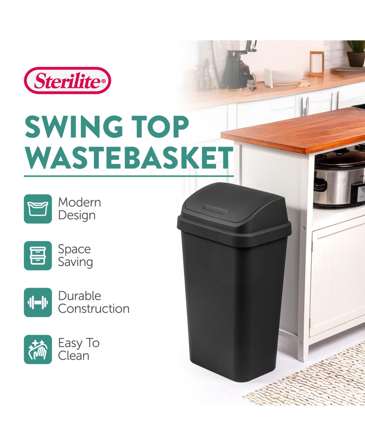 Sterilite 13 Gal Kitchen Swing Top Lidded Wastebasket Trash Can, 12 Pack