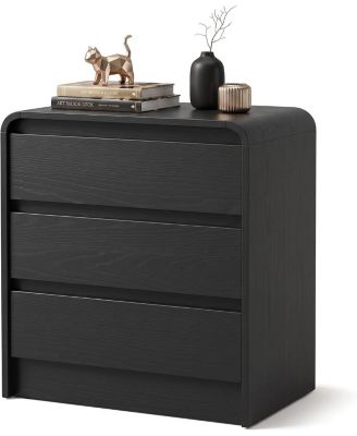 1-Pack Curved Nightstand with 3 Drawers and Open Shelf, Grain Finish, Charging Station, End Table for Bedroom