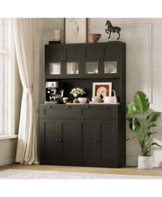 Kitchen Pantry Cabinet with Built-In Power Outlet, Wooden Tall Kitchen Hutch with Drawers, Modern Coffee Bar Buffet for Dining Room