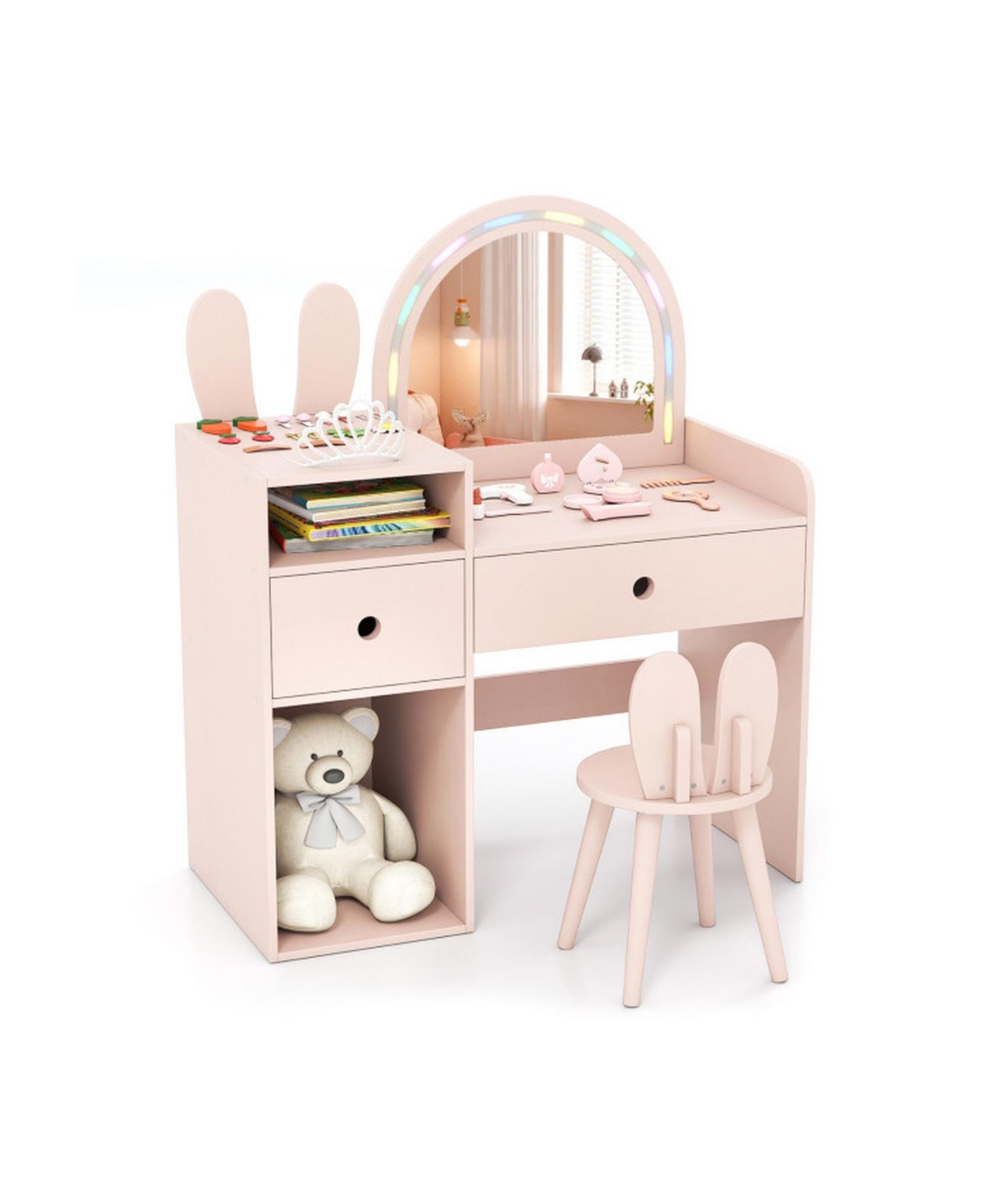 Gouun Kids Vanity Desk and Chair Set with Colorful Light-Up Mirror for Ages 3 and Up - Pink