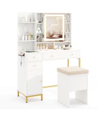 Makeup Vanity Desk and Stool Set with 3-Color Lighted Mirror and Charging Station