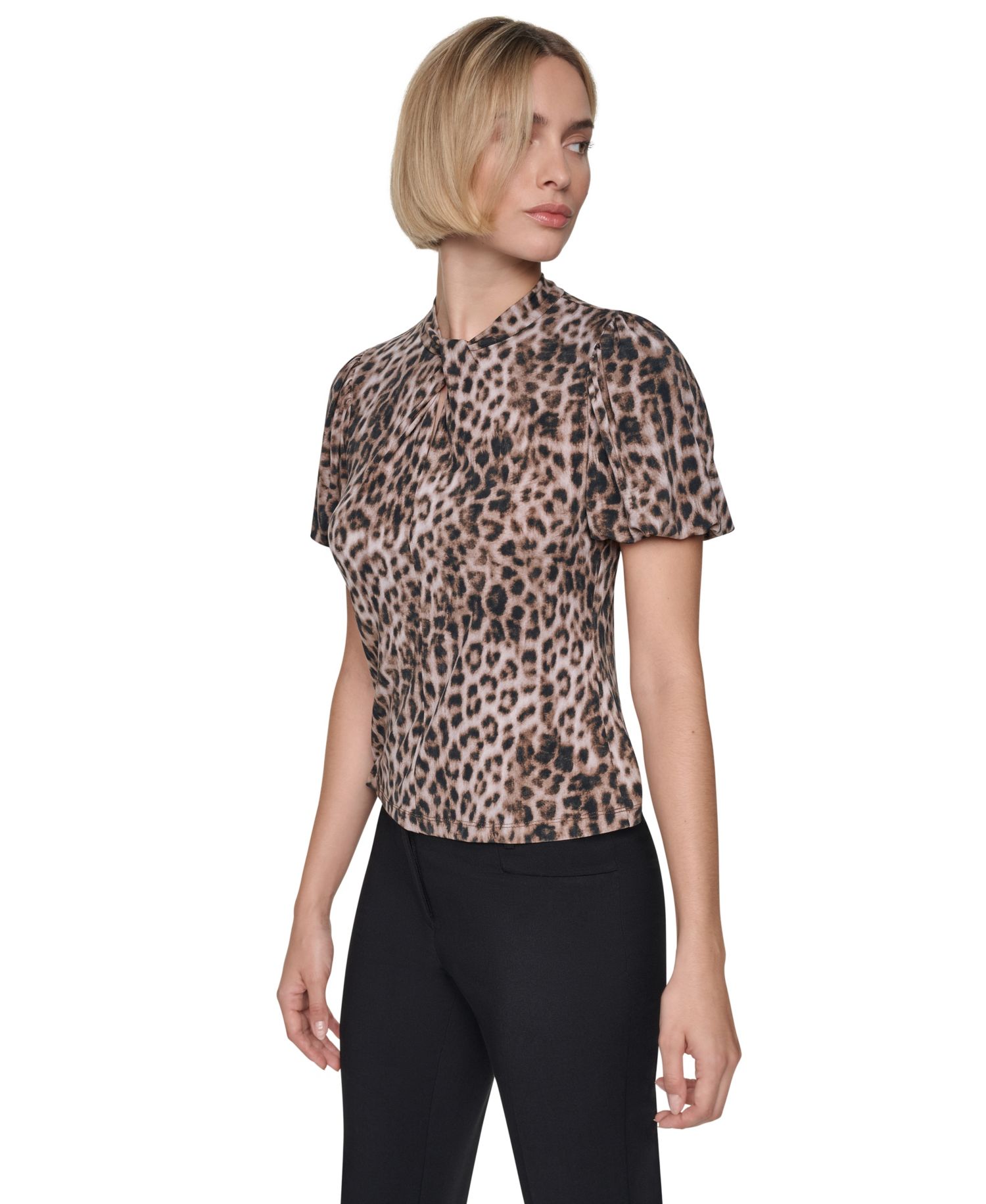 Petite Balloon-Sleeve Keyhole Blouse
