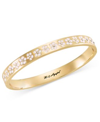 Gold-Tone Colored Flower Inlay Polished Bangle Bracelet