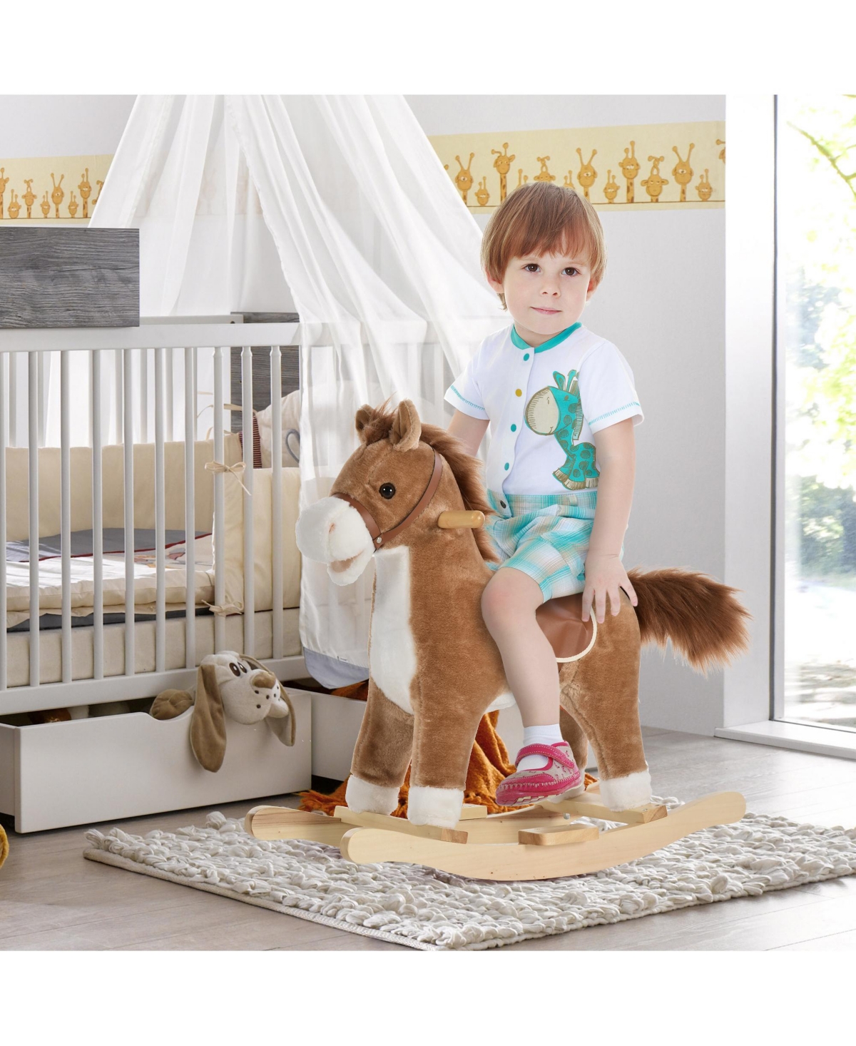 Glintex 12V Kids Electric Ride-On Horse with Sounds, Carrot Toy, Comb, Foot Pedal, Seat Storage, and Battery Power for Ages 1.5-3, Brown