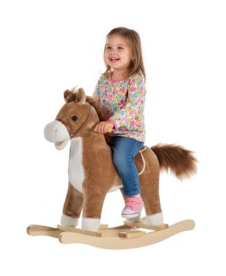 12V Kids Electric Ride-On Horse with Sounds, Carrot Toy, Comb, Foot Pedal, Seat Storage, and Battery Power for Ages 1.5-3, Brown