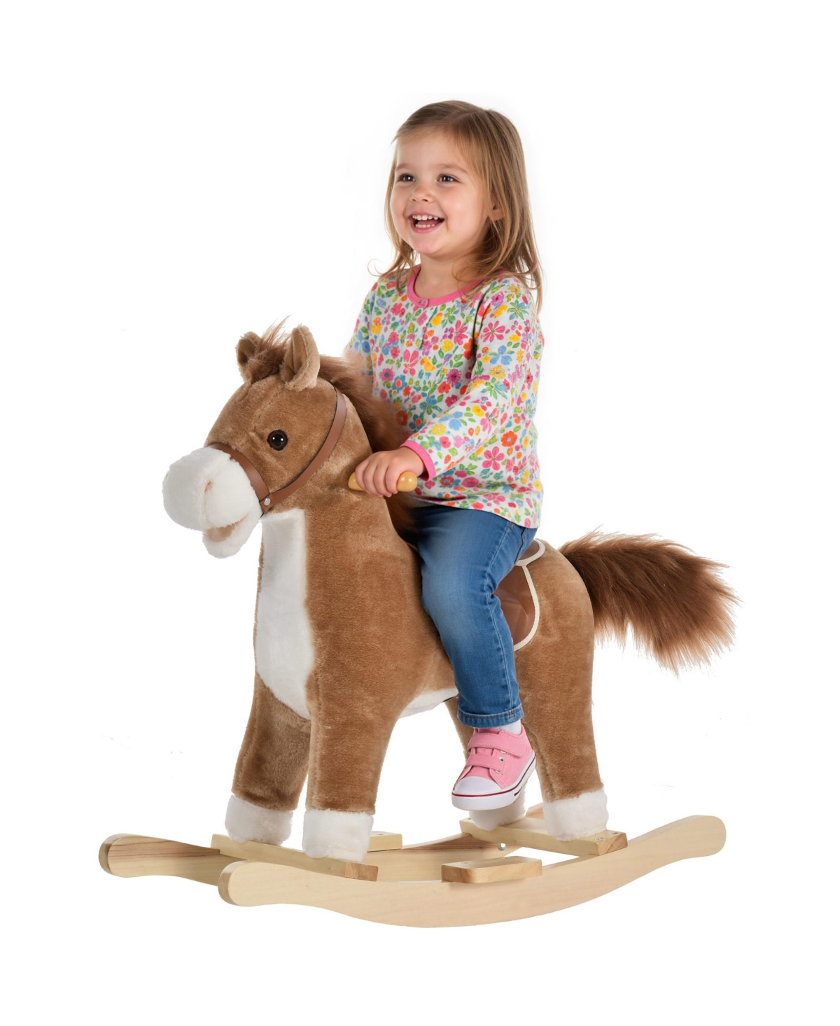 Glintex 12V Kids Electric Ride-On Horse with Sounds, Carrot Toy, Comb, Foot Pedal, Seat Storage, and Battery Power for Ages 1.5-3, Brown - Brown