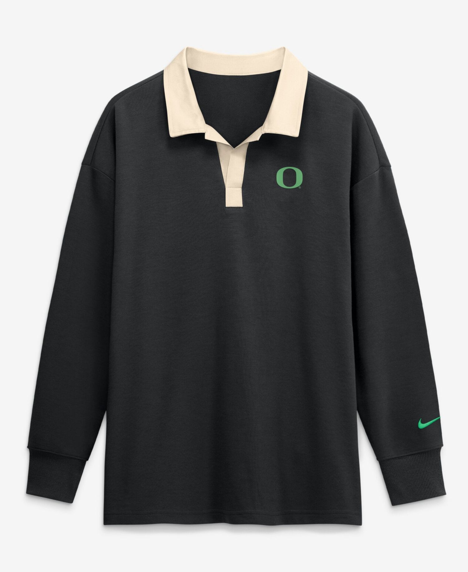 Women's Black Oregon Ducks Oversized Essential Dri-FIT Long Sleeve V-Neck Polo