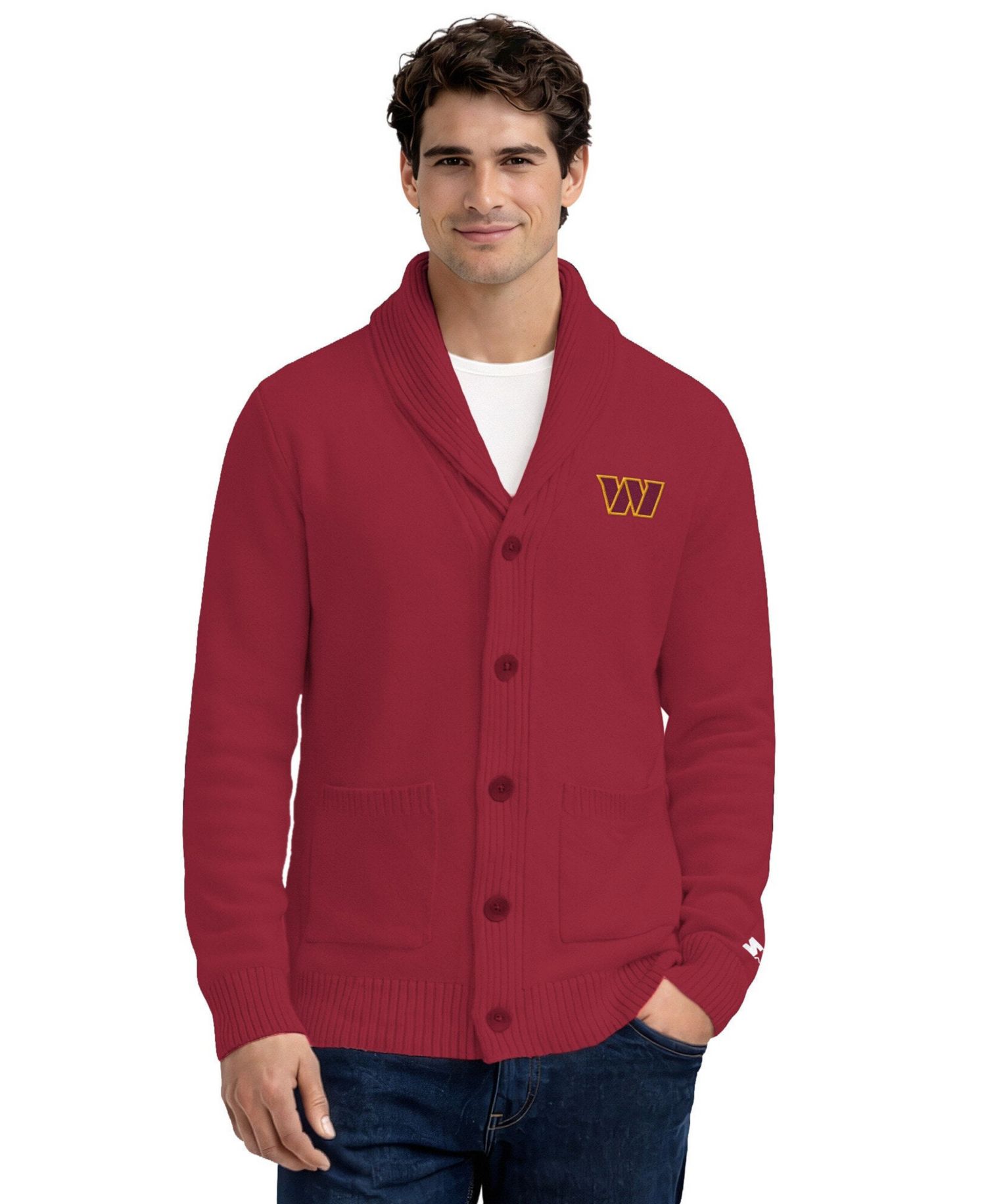 Men's Navy New England Patriots Shawl Collar Heavy Knit Cardigan Sweater