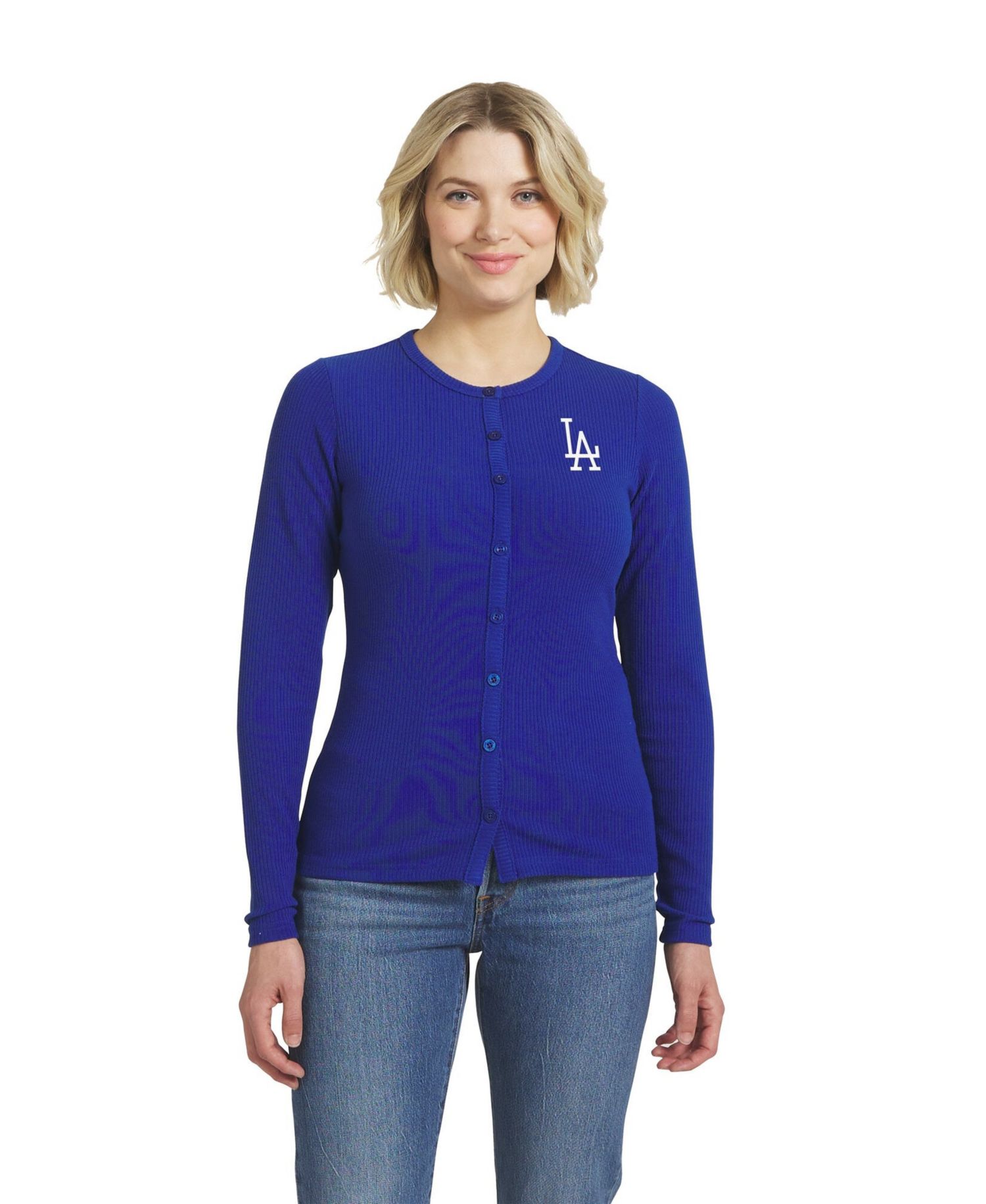 Women's Royal Los Angeles Dodgers Rib Button-Up Sweater