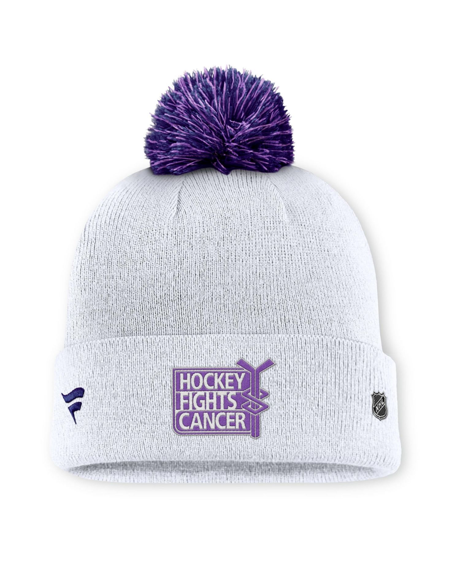 Men's White Utah Mammoth Authentic Pro Hockey Fights Cancer Cuffed Knit Hat with Pom