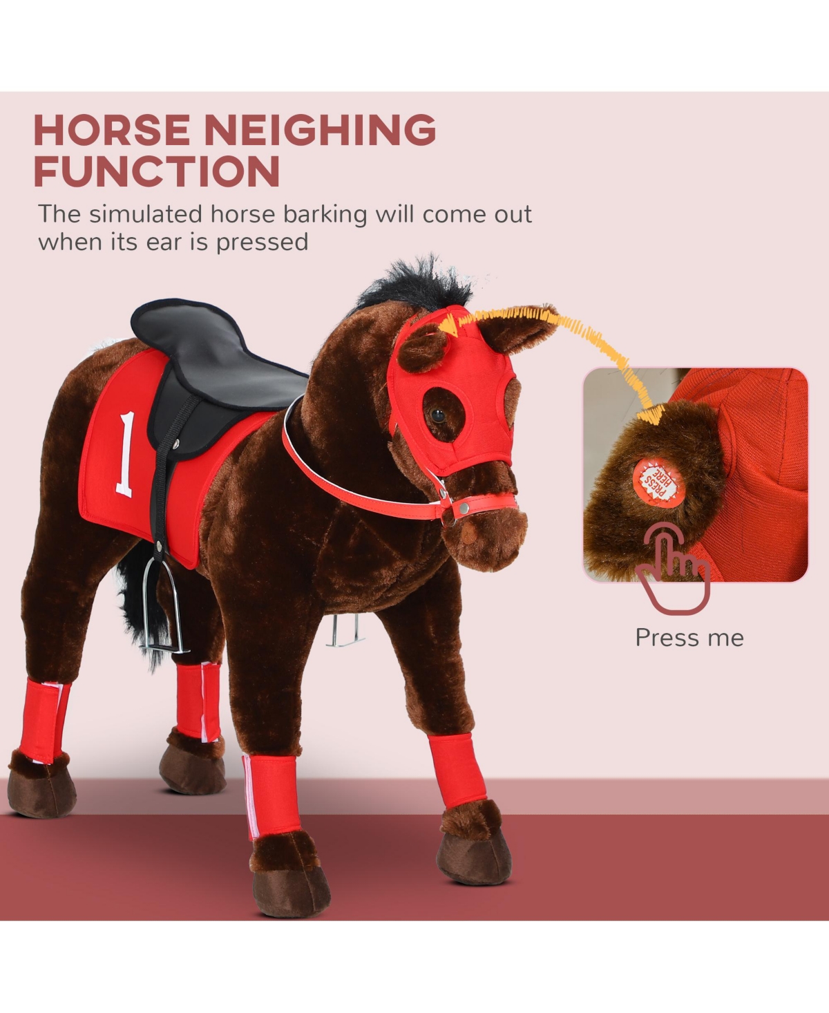 Glintex Ride-On Horse Toy with Neighing Sound, Independent Saddle & Stirrups, Holds 132 lbs, Ages 3-8