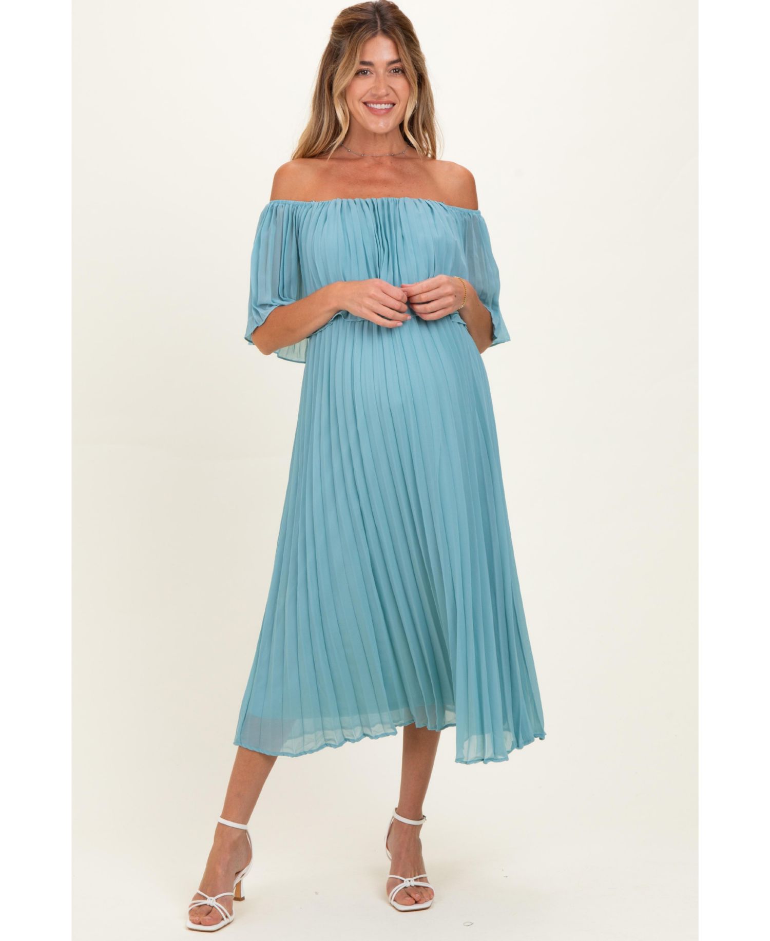 Maternity Pleated Off-the-Shoulder Flounce Midi Dress