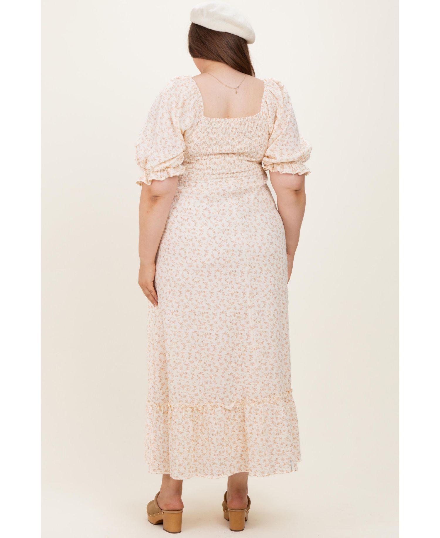 Plus Size Beige Floral Print Square Neckline Maxi Dress