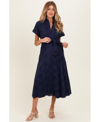 Women's Navy Eyelet Lace Waist Tie Shirt Dress