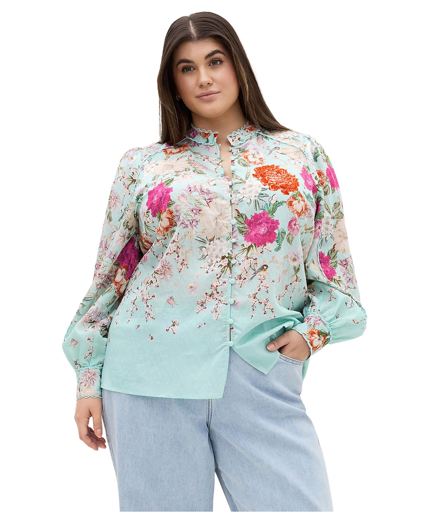 Plus Size Gianna Floral-Print High-Scallop-Trim Blouse