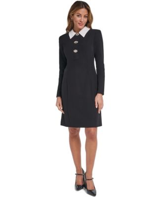 Petite Long-Sleeve Collared Embellished Shift Dress