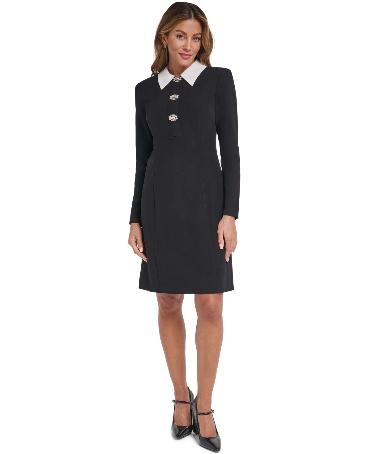 Eliza J Petite Long-sleeve Collared Embellished Shift Dress In Black