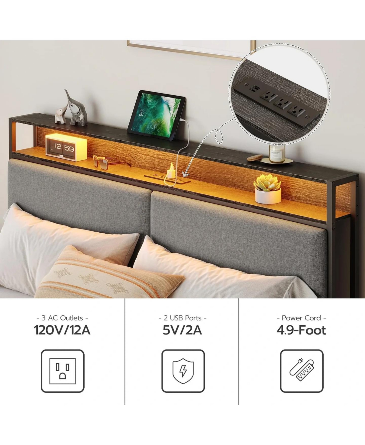 Slickblue Modern Metal Bed Frame with Storage Headboard, Led Lights
