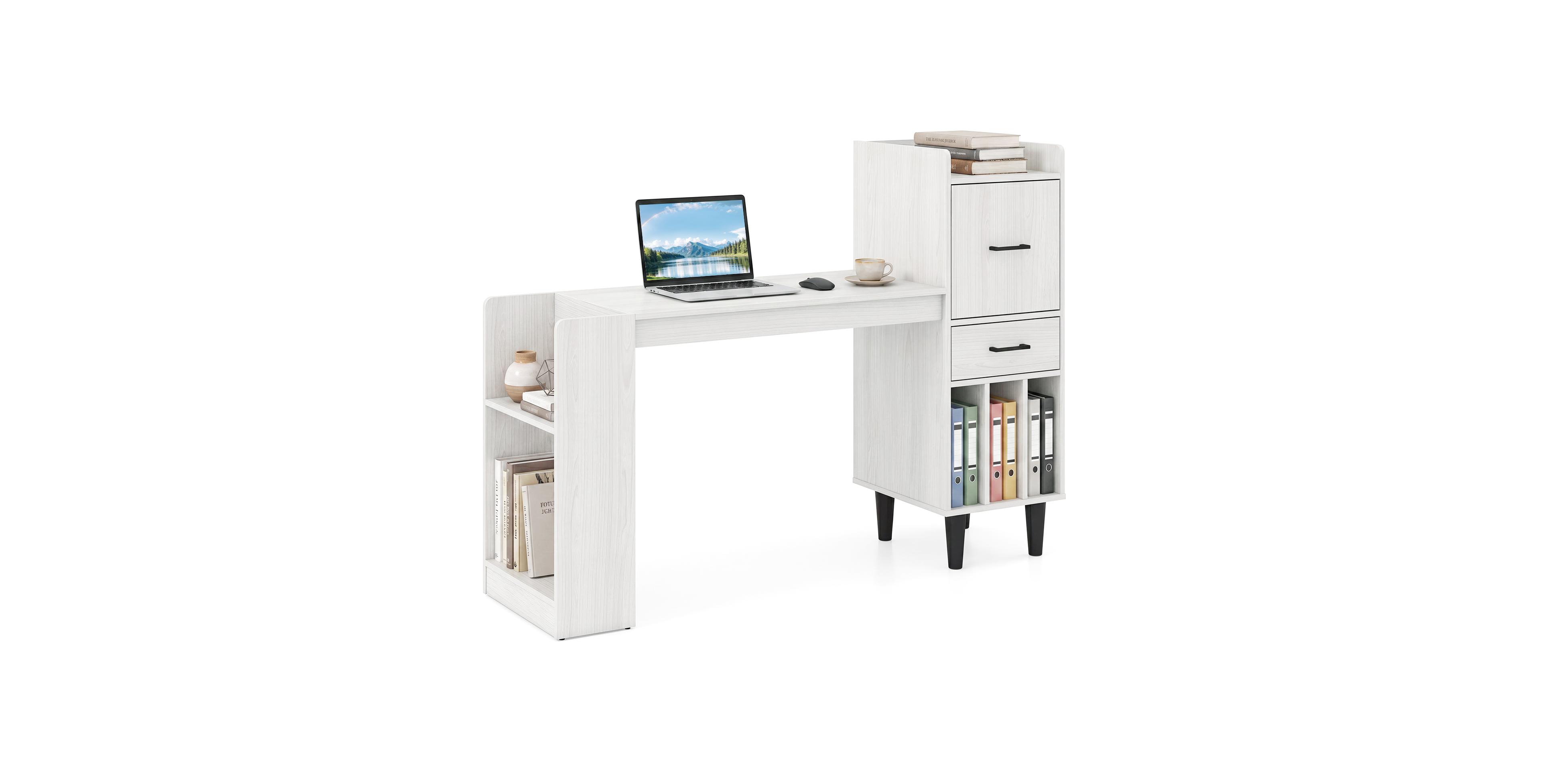Costway 59" Home Office Desk with Side Storage Shelves, Drawer, Cabinets, Vertical Cubbies