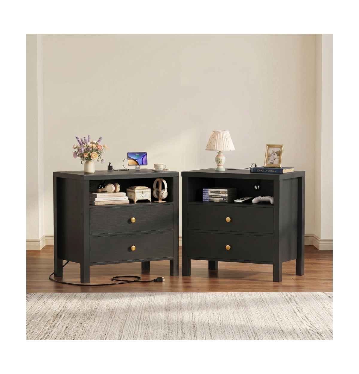 Aheaplus Nightstands Set of 2 with Charging Station and 2-Drawers for Bedroom