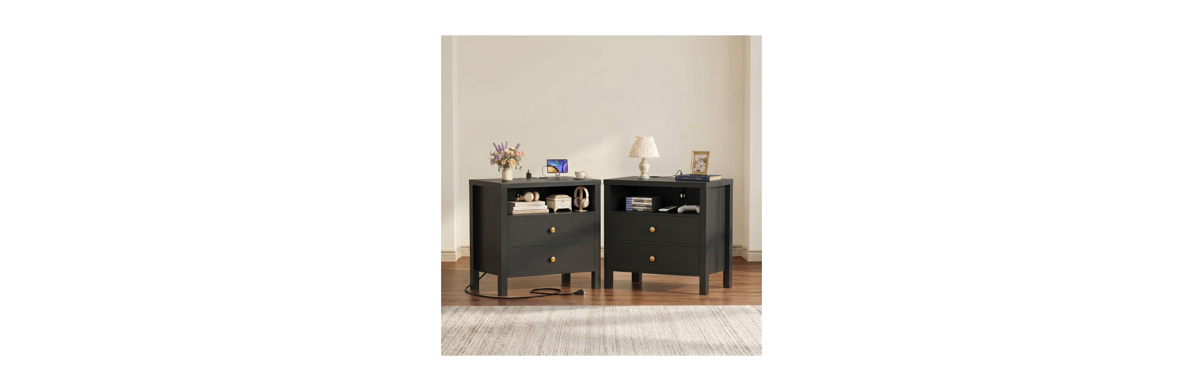 Aheaplus Nightstands Set of 2 with Charging Station and 2-Drawers for Bedroom