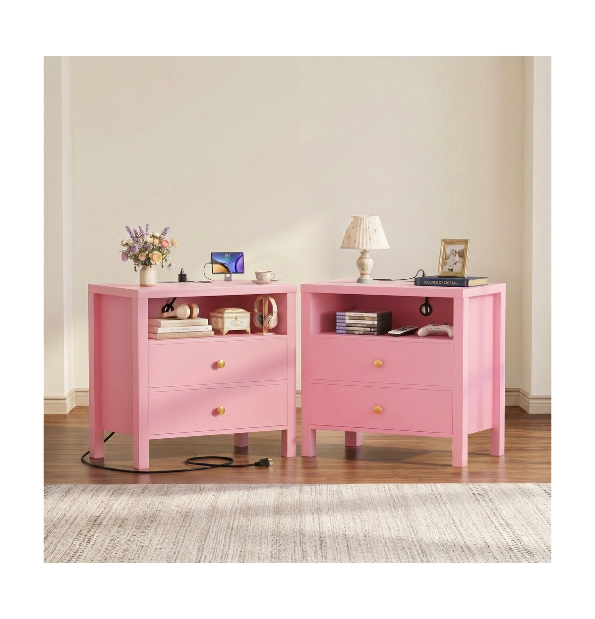 Aheaplus Nightstands Set of 2 with Charging Station and 2-Drawers for Bedroom - Pink