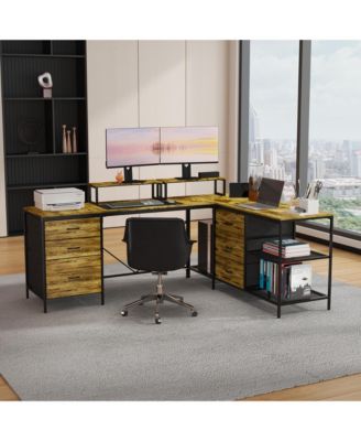 L Shaped Gaming Desk with Power Outlets Drawers Shelves Monitor Stand