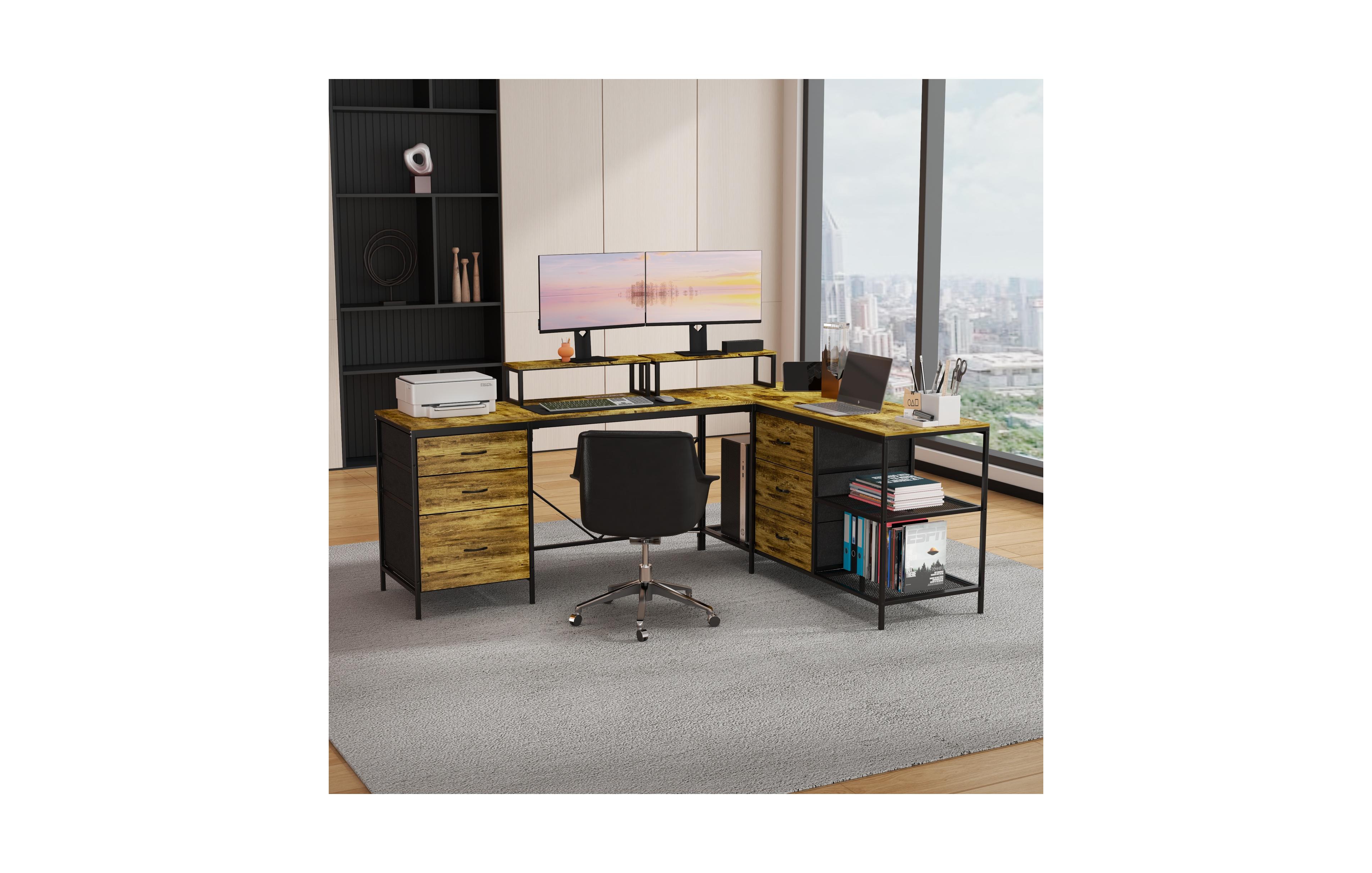 Boyel Living L Shaped Gaming Desk with Power Outlets Drawers Shelves Monitor Stand