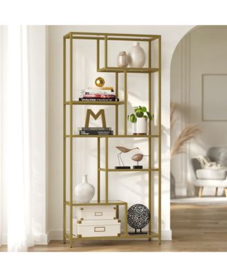 Bookshelf, 6-Tier Tempered Glass Display Shelf, Tall Living Room Storage, 31.5 x 11.8 x 70.9 Inches