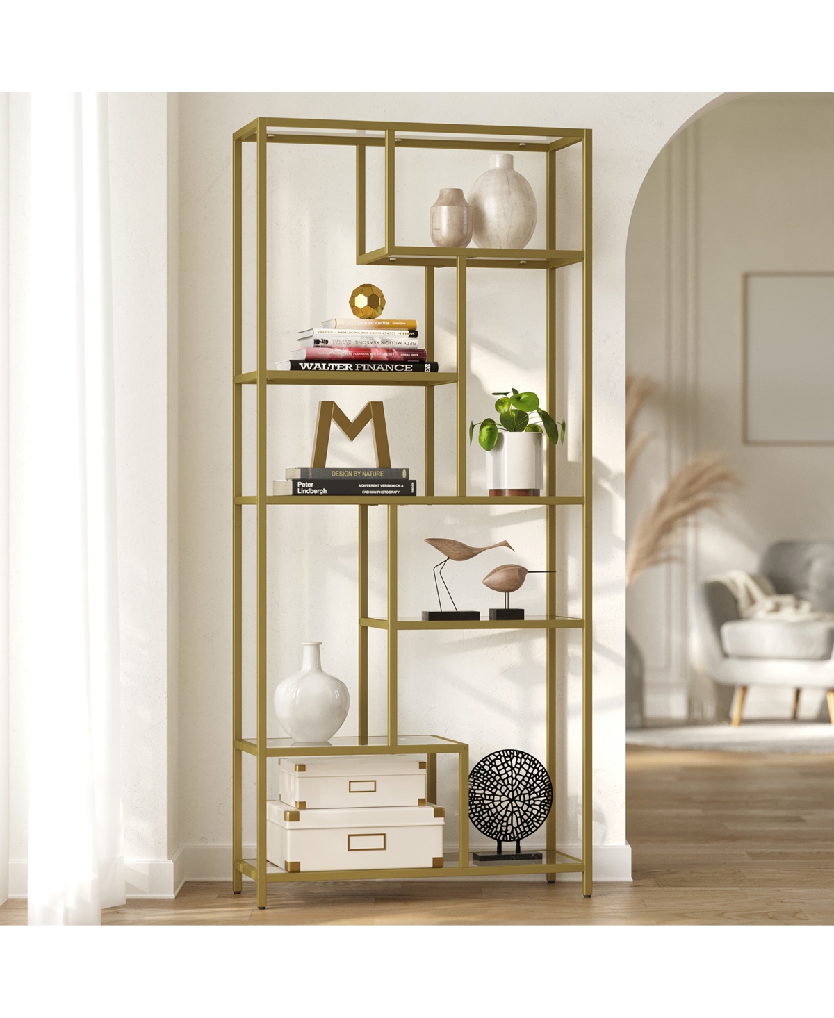 SongmicsHome Bookshelf, 6-Tier Tempered Glass Display Shelf, Tall Living Room Storage, 31.5 x 11.8 x 70.9 Inches
