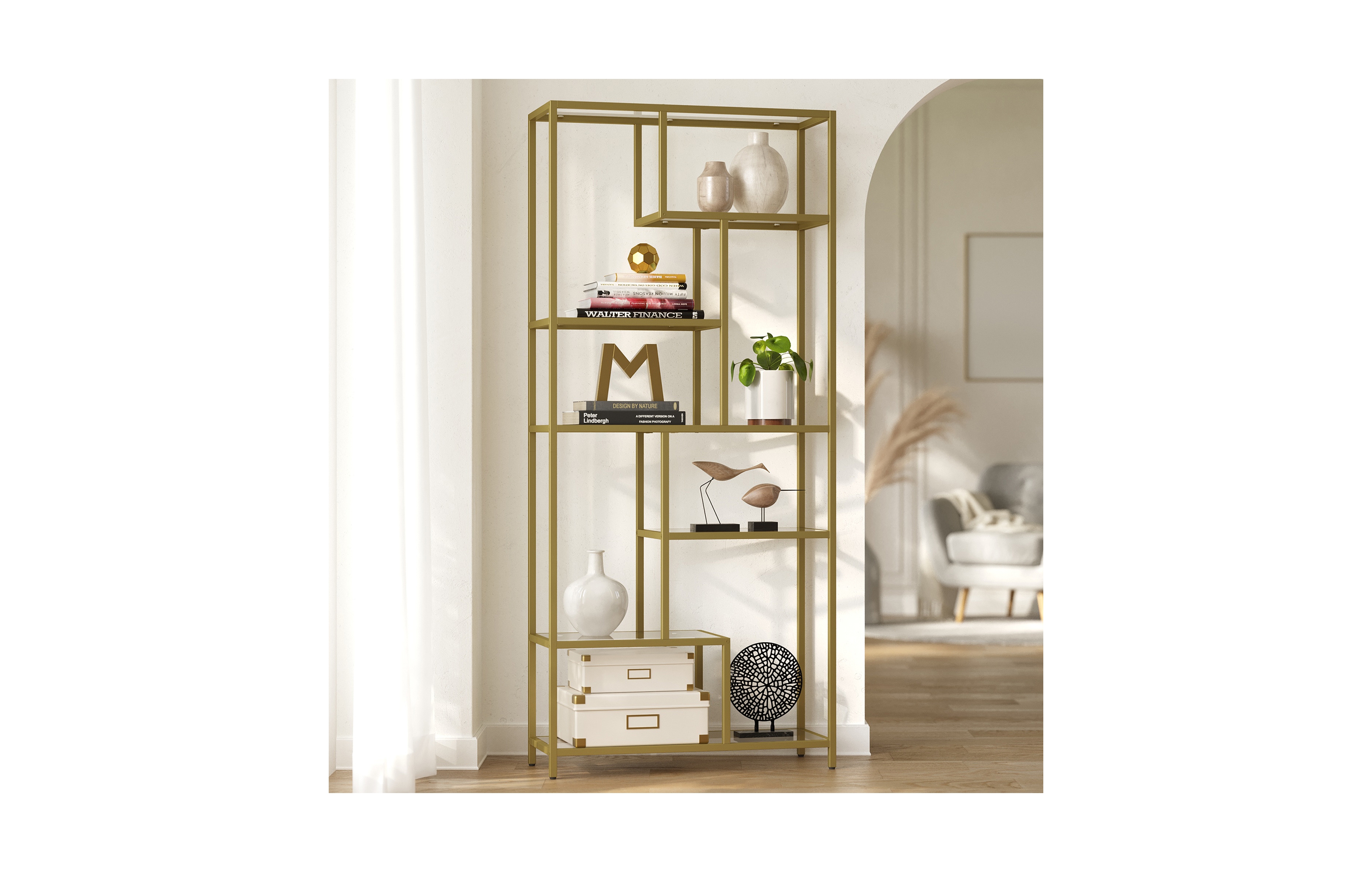 SongmicsHome Bookshelf, 6-Tier Tempered Glass Display Shelf, Tall Living Room Storage, 31.5 x 11.8 x 70.9 Inches