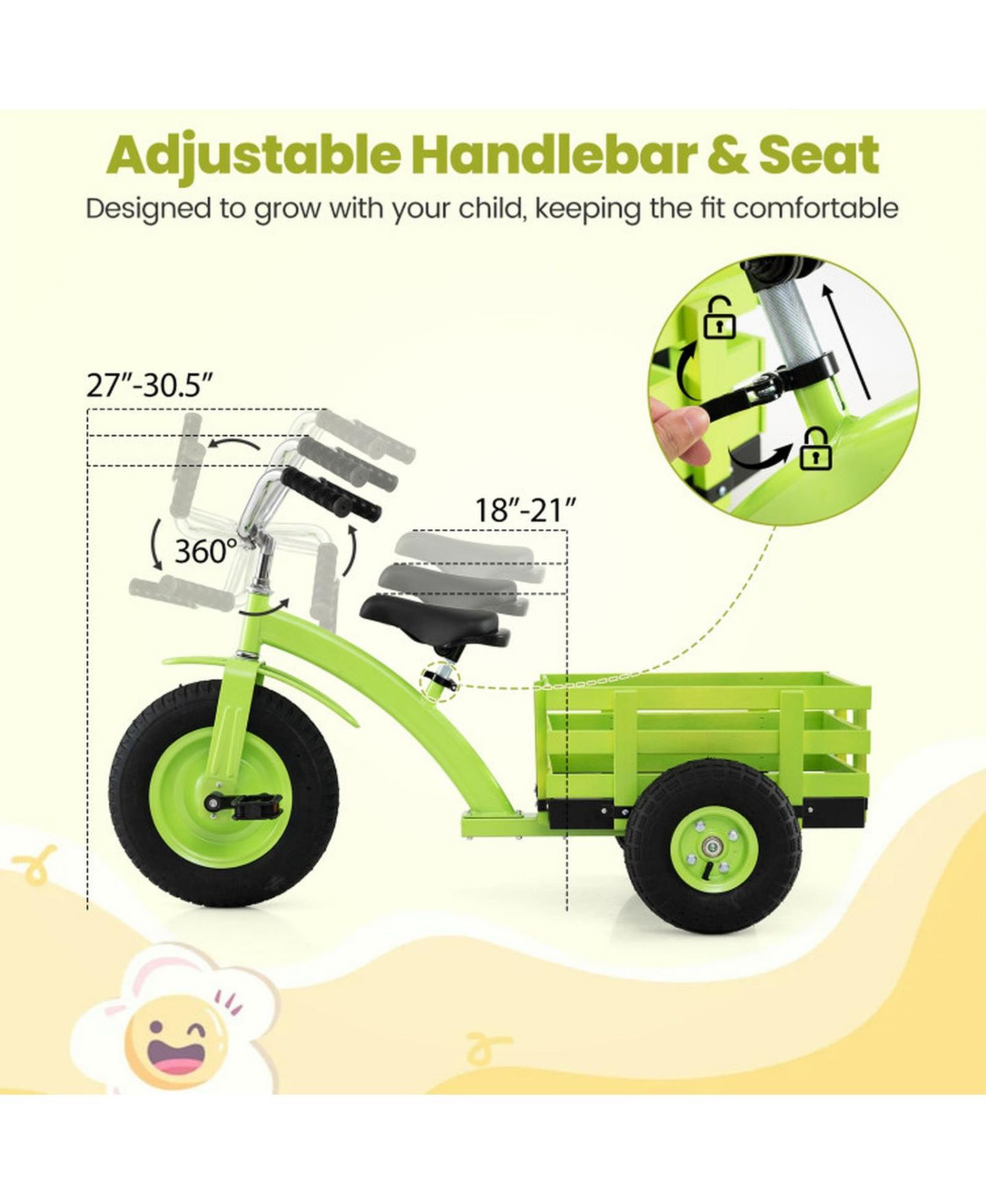 Детская игрушка SUGIFT Kids Tricycle with 15-Inch Inflatable Rubber Tires and Rear Wooden Cargo Basket, 200 lbs Capacity, Ages 3+, цвет: Зелёный — фото 6