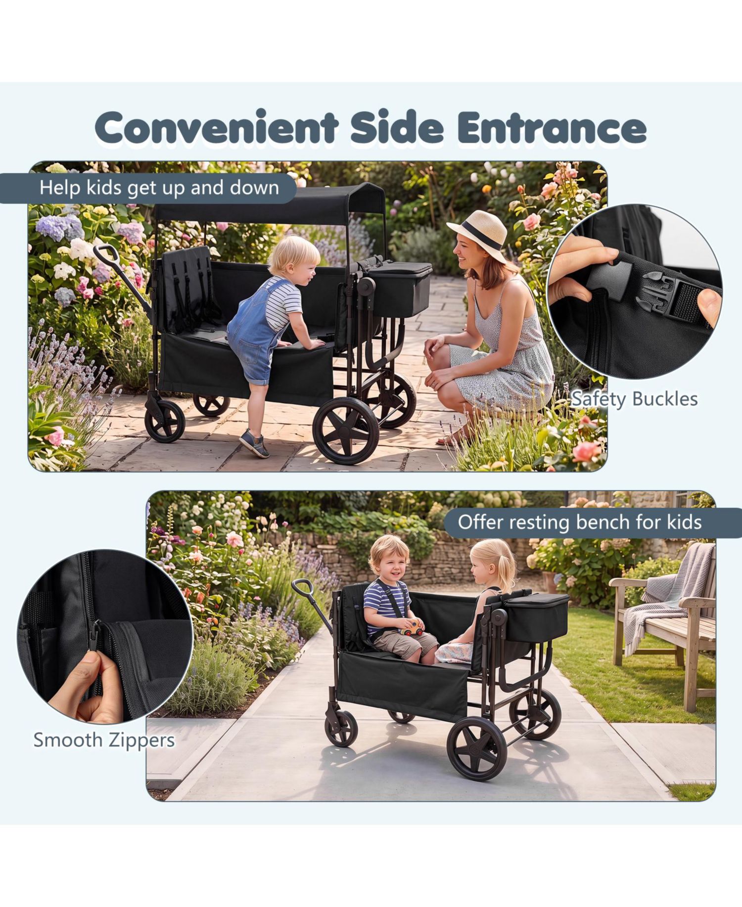 Foldable Wagon Stroller for 4 Kids with Removable Canopy