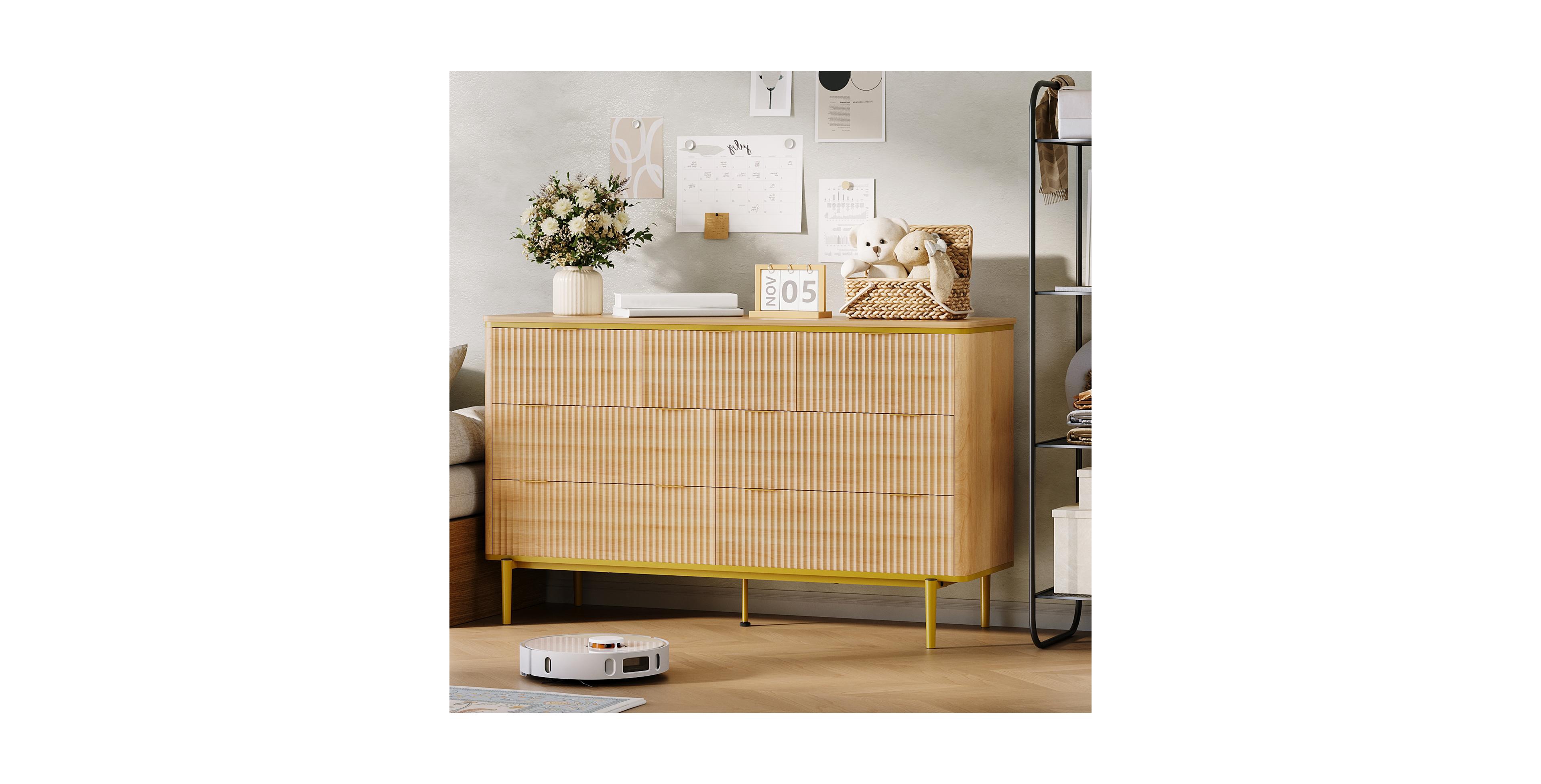 homfan 54" Modern Fluted 7-Drawer Dresser with Metal Legs, Rounded Wood Storage Cabinet for Bedroom