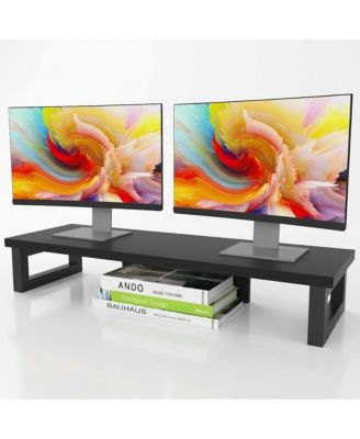 Rustic Wood Steel Under-Storage Dual Monitor Stand Riser for Dual Monitors
