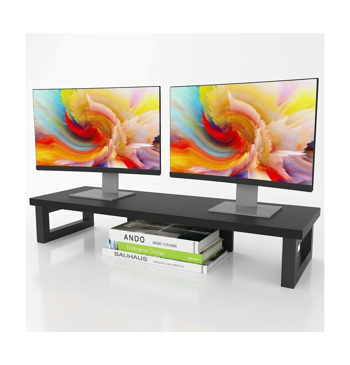 Lofree Rustic Wood Steel Under-Storage Dual Monitor Stand Riser for Dual Monitors - Black