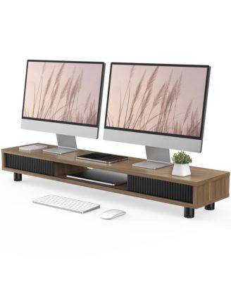 Dual Monitor Stand 2 Tier Storage Sliding Door Height Adjustable Desk Organizer