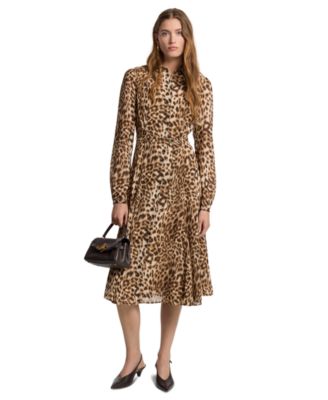 MICHAEL Women's Leopard-Print Puffed-Sleeve Fit & Flare Midi Shirt Dress