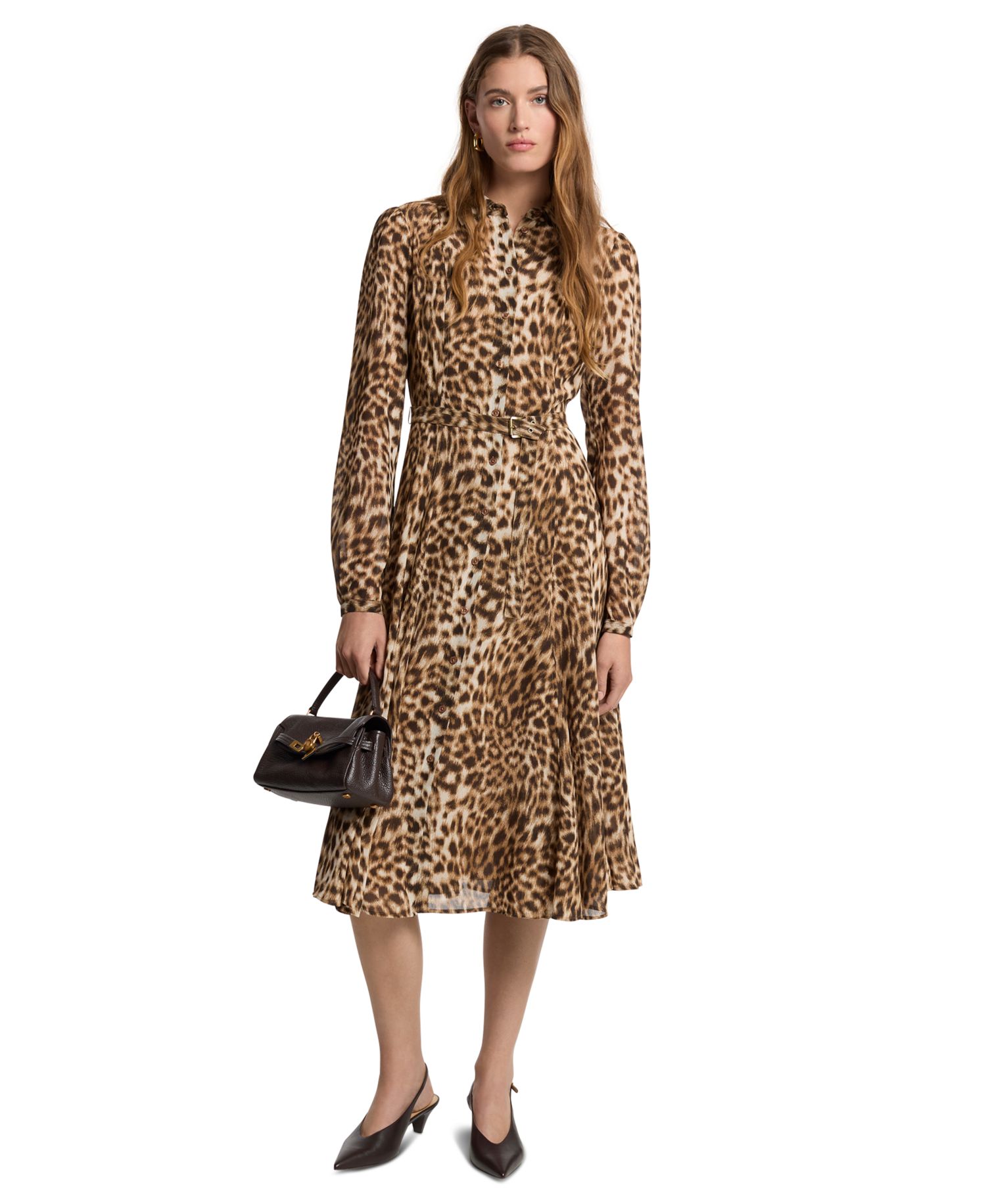 Women's Leopard-Print Puffed-Sleeve Fit & Flare Midi Shirt Dress