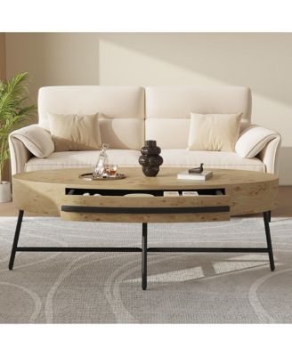 47.2" Oval Wood Coffee Table with Drawer, Mid-Century Modern Center Table with Cross Metal Legs, Living Room
