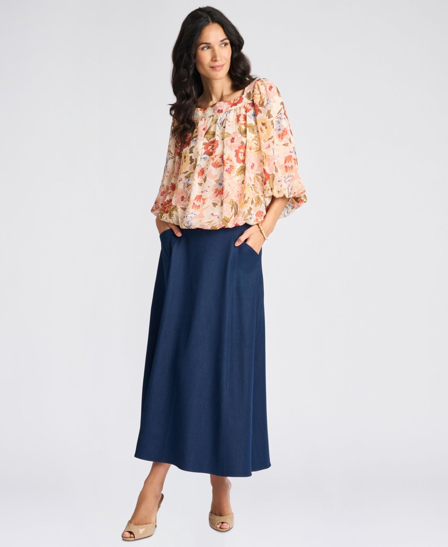 Women's Square-Neck 3/4-Sleeve Floral Blouse