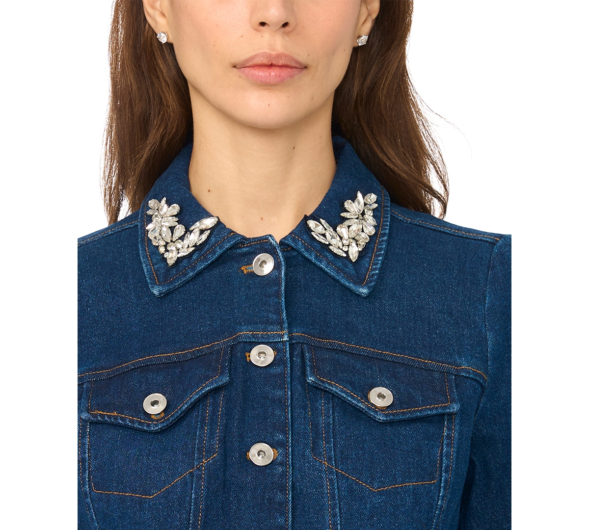 CeCe Women's Crystal Collar Puff Sleeve Cropped Denim Jacket