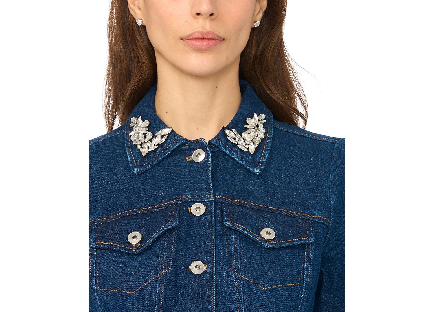 Women's Crystal Collar Puff Sleeve Cropped Denim Jacket