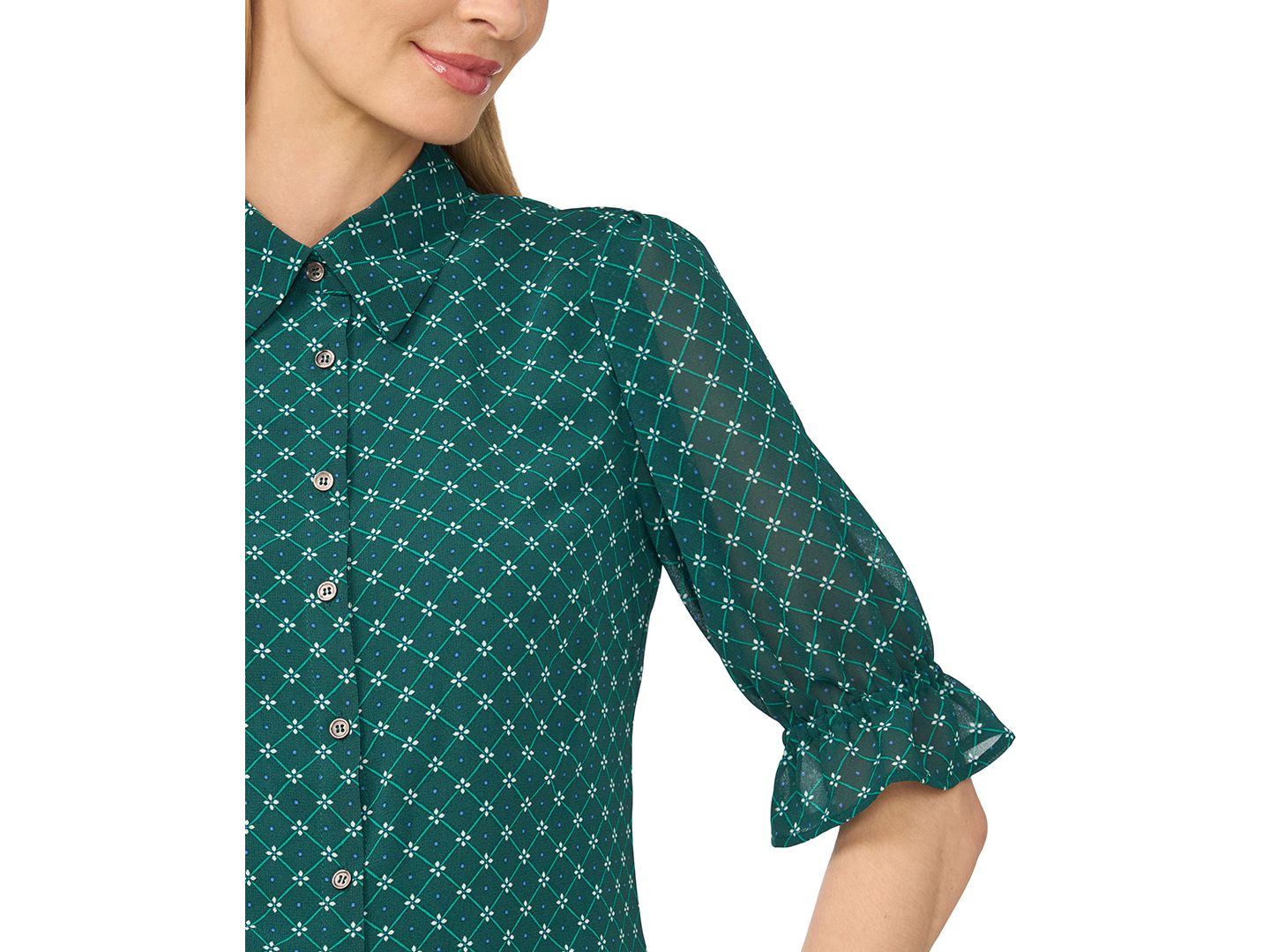 Женская рубашка CeCe Short-Sleeve Smocked Cuff Geometric-Print Button-Down, цвет: Тёмно-зелёный теневой — фото 2