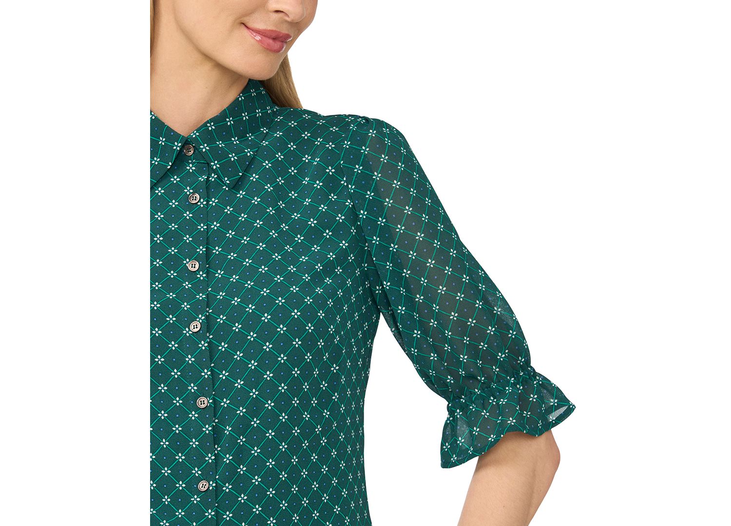 Women's Short-Sleeve Smocked Cuff Geometric-Print Button-Down Shirt